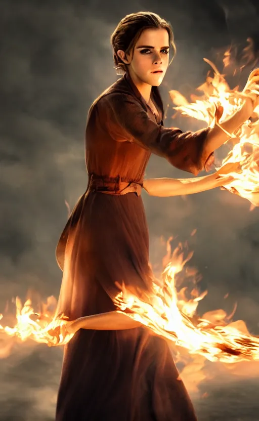 Prompt: Emma Watson casting a fire spell. Character designt trending on gsociety. 4k. Moody light.