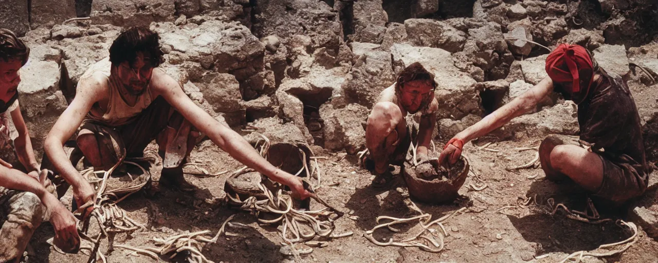 Image similar to archaeologists discovering ancient ruins of spaghetti, canon 5 0 mm, high detailed face, facial expression, cinematic lighting, photography, retro, film, kodachrome