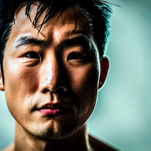 Image similar to a close up photographic portrait of a handsome asian actor looking worried taken by annie leibowitz in the rain. cinematic lighting, blue background colour, 5 0 mm, subsurface scatter.