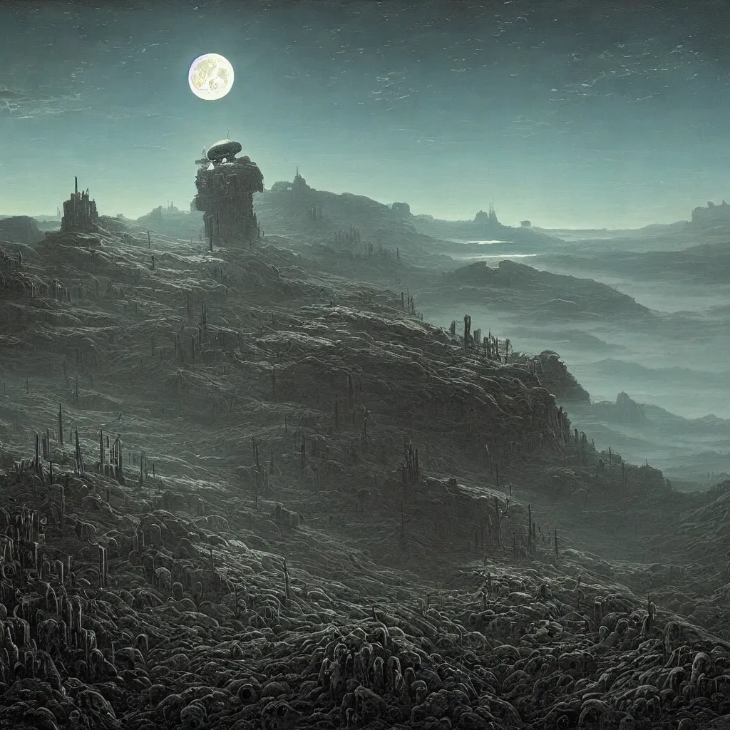 Prompt: a surreal and awe - inspiring science fiction landscape, moon in the sky looks like a skull, intricate, elegant, highly detailed matte painting by simon stalenhag and george bellows