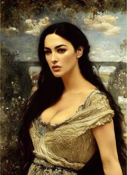 Image similar to a beautiful painting of monica bellucci by felix resurreccion hidalgo, pre-raphaelite, detailed, trending on artstation, hd, masterpiece