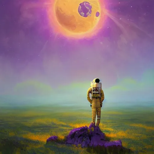 Image similar to epic portrait an astronaut standing on a lush purple world, sunset, giant purple sun, beauty, pretty clouds, digital painting, artstation, concept art, soft light, hdri, smooth, sharp focus, illustration, fantasy, intricate, elegant, highly detailed, D&D, matte painting, in the style of Greg Rutkowski and Alphonse Mucha and artemisia, 8k, highly detailed, jurgens, rutkowski, bouguereau, pastoral, rustic, georgic