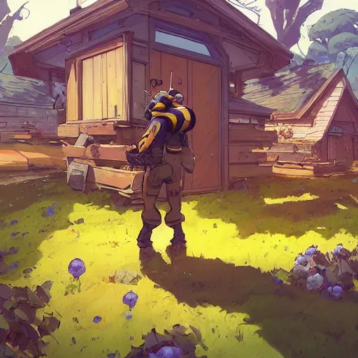 Image similar to a bee standing in his home in front of the door behance hd artstation by jesper ejsing, by rhads, makoto shinkai and lois van baarle, ilya kuvshinov, ossdraws, that looks like it is from borderlands and by feng zhu and loish and laurie greasley, victo ngai, andreas rocha