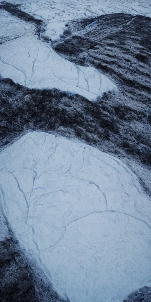 Image similar to a frozen canyon, minimalist structure, covered in ice, in the style of reuben wu, roger deakins