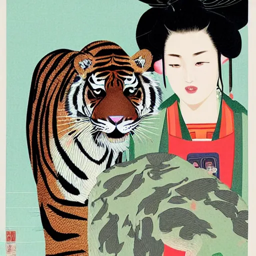 Prompt: a delorean protecting a tiger, japanese magazine collage, art by hsiao - ron cheng and utagawa kunisada