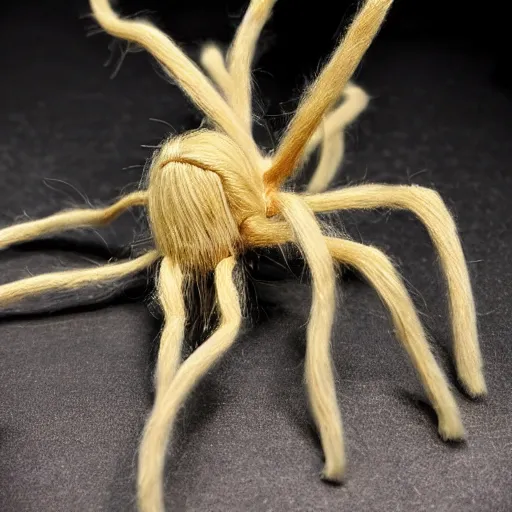 Image similar to a giant spider with tall skinny legs covered in a mop of uniform blonde hair