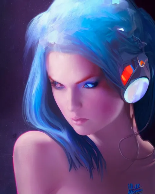 Prompt: pretty girl with blue hair, dj girl, in a club, laser lights background, sharp focus, digital painting, 8 k, concept art, art by wlop, artgerm, greg rutkowski and alphonse mucha