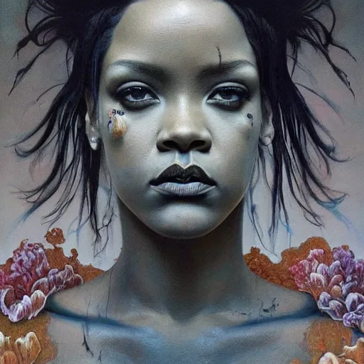 Image similar to rihanna by zdzisław beksinski, iris van herpen, raymond swanland and alphonse mucha. highly detailed, hyper - real, beautiful