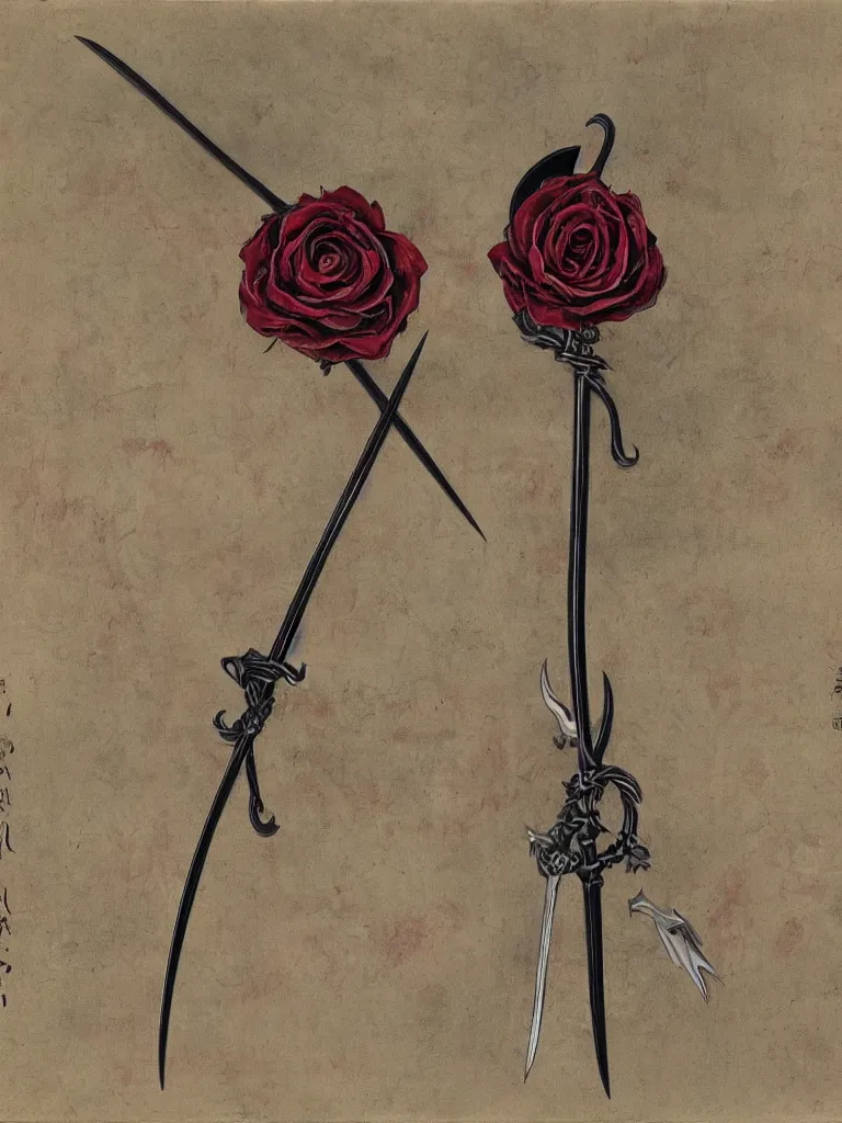 Image similar to Two-headed blade rose colored scythe, the 2 blades faced each other oppositely with each blade attached to the top and the bottom