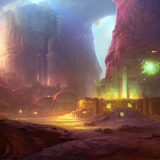 Prompt: Massive subterranean galaxy in sprawling ancient ruins,matte painting by Tyler Edlin, Trending on artstation,vivid and vibrant,