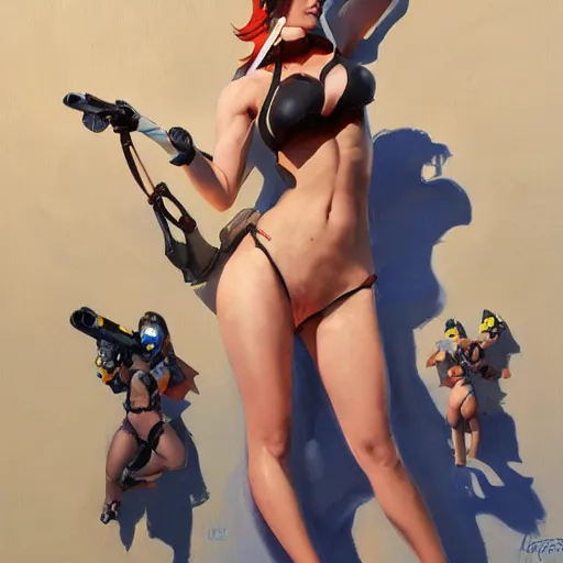 Prompt: greg manchess splashart painting of overwatch's tracer using a sexy thong bikini at beach, medium shot, asymmetrical, organic painting, sunny day, matte painting, bold shapes, hard edges, street art, trending on artstation, by huang guangjian and gil elvgren and sachin teng