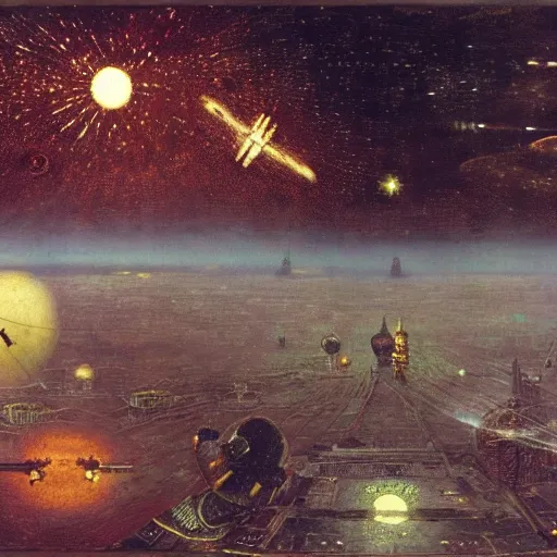 Prompt: A Holy war in space, by John Atkinson Grimshaw.