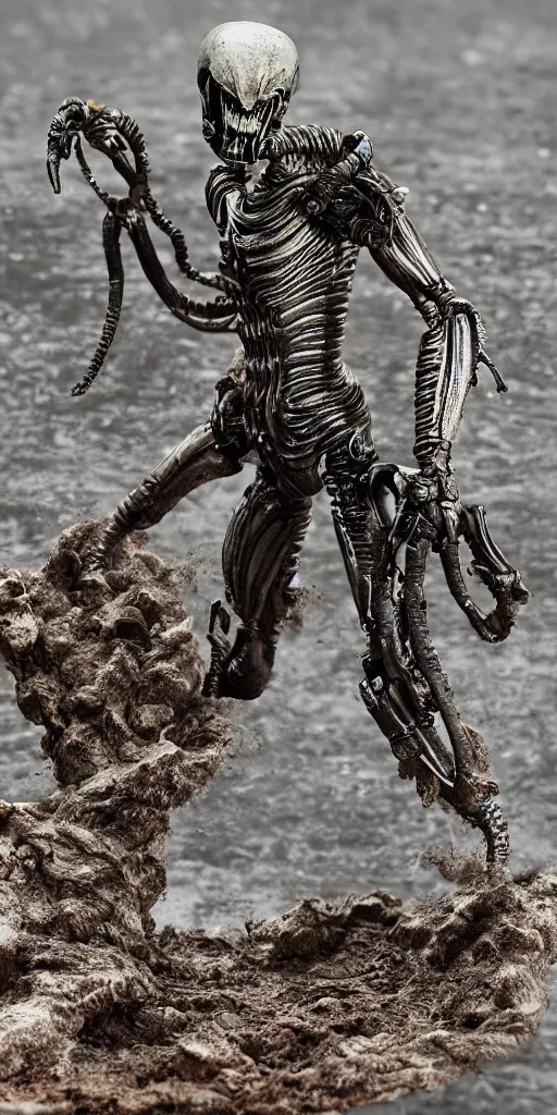 Image similar to bootleg figure of a plastic platinum xenomorph diorama drown in the mud, secondhand, mcfarlane, cursed photography, middle shot