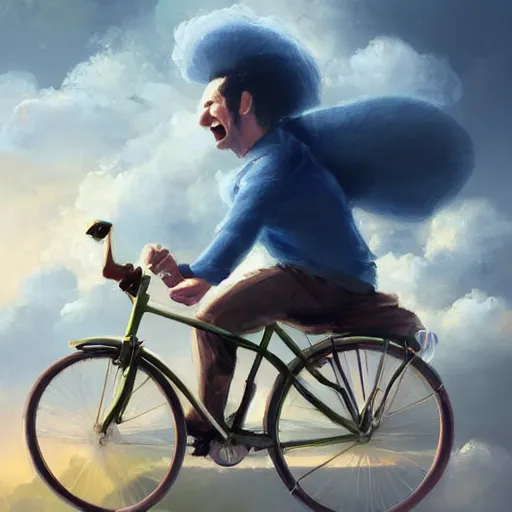 Prompt: A whimsical painting of a happy man flying in the sky on his bicycle in the clouds, expressive oil painting, digital art by Ross Tran