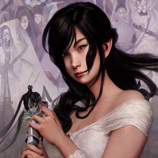 Prompt: cassandra cain in a wedding dress,, messy blonde hair, cg animation, riot entertainment, arcane, realistic, character select portrait, by artgerm, greg rutkowski, alphonse mucha, 3 d