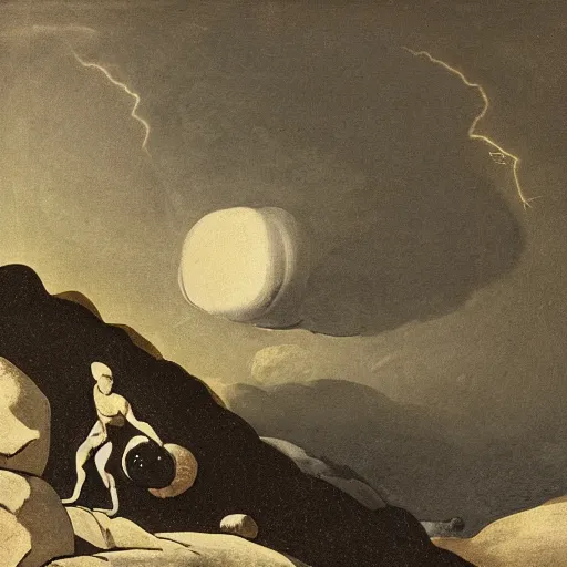 Prompt: Sisyphus pushing a rockup a hill, lit by a full moon, dynamic lightning, baroque elements