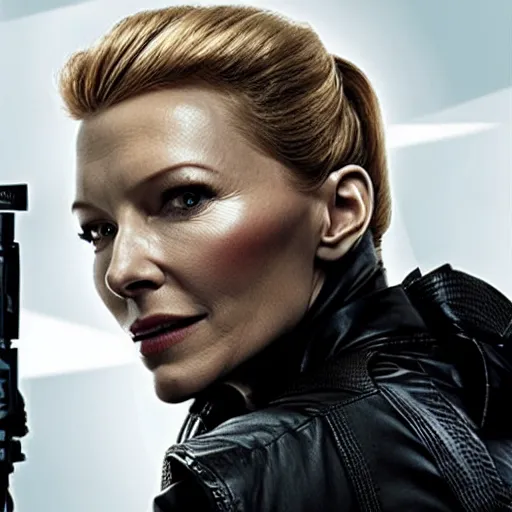 Image similar to cate blanchet as the terminator, half torn face