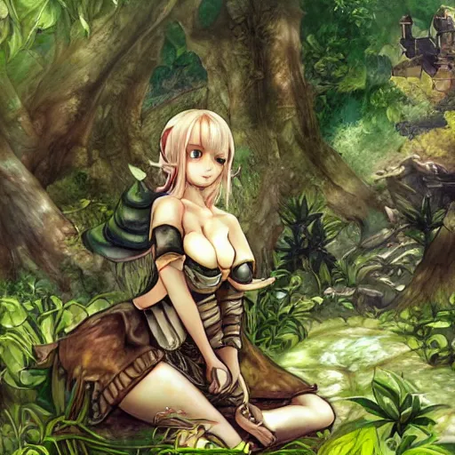 Image similar to a female knight resting in a glade, vanillaware artwork