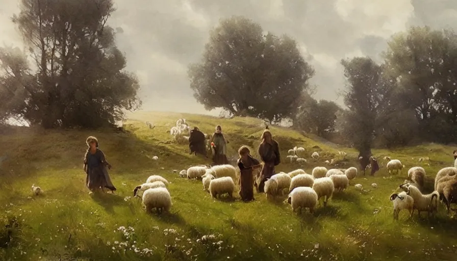 Image similar to simple villager shepherd and children with flocks of sheep in open fields, art by anders zorn, wonderful masterpiece by greg rutkowski, beautiful cinematic light, american romanticism thomas lawrence, greg rutkowski