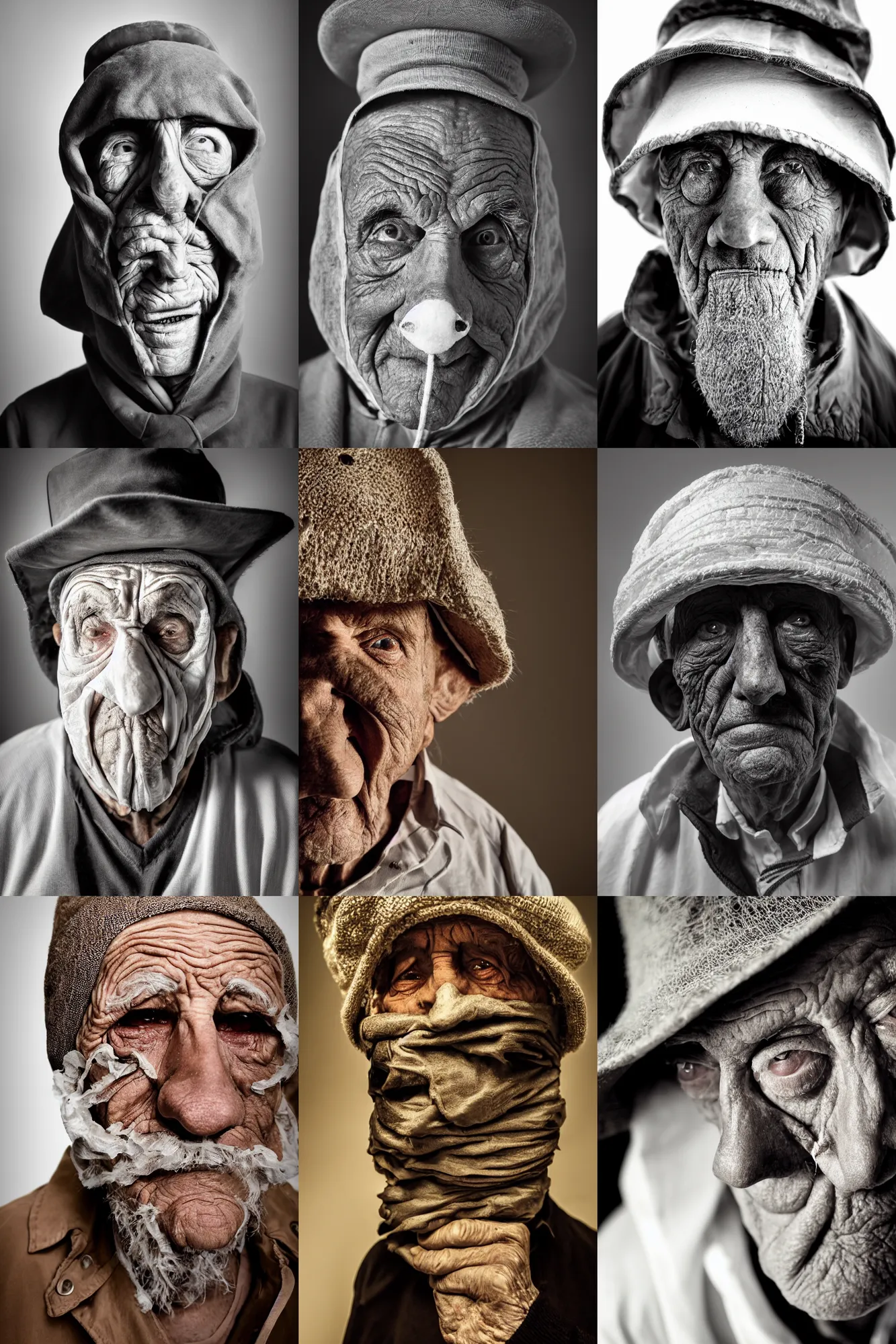 Prompt: high contrast studio close - up portrait of a wrinkled old man wearing a pulcinella mask, clear eyes looking into camera, baggy clothing and hat, backlit, dark mood, nikon, photo by eric lafforgue, masterpiece