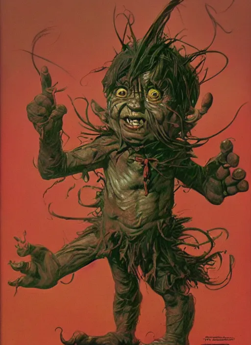 Image similar to possessed munchkin from oz, by lawrence alma-tadema and zdzislaw beksinski and norman rockwell and jack kirby and tom lovell and greg staples, artstation creature art