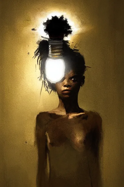 Prompt: a woman inside of an empty light bulb. by greg rutkowski and basquiat