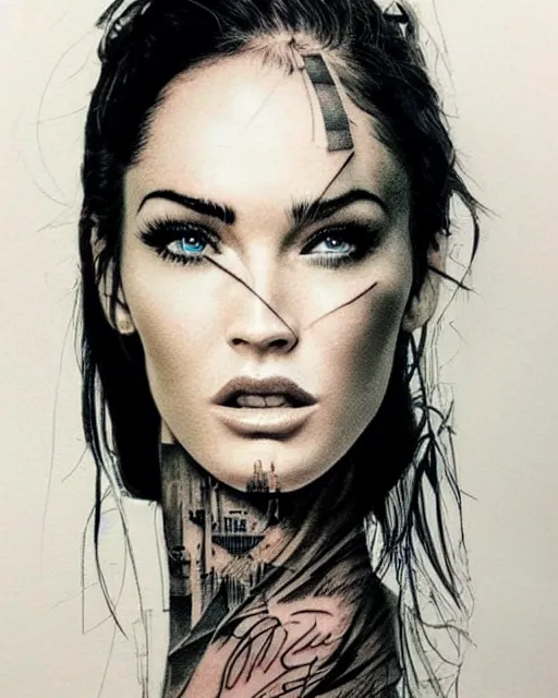 Prompt: double exposure effect tattoo design sketch of a megan fox portrait blended with beautiful mountain scenery, surreal, in the style of matteo pasqualin, amazing detail, sharp