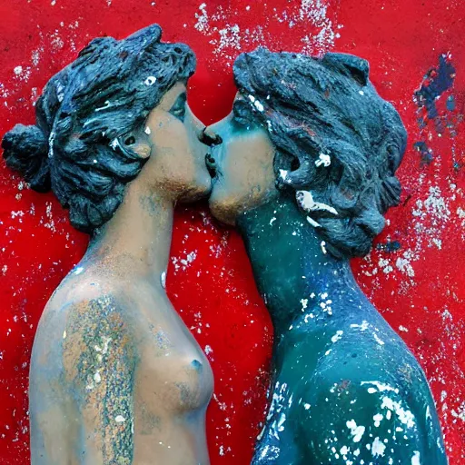 Image similar to close - up of two greek statue women kissing each other, they are covered in splattered acrylic paint