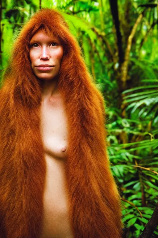 Image similar to a professional portrait photo of a neanderthal woman in the tropical jungles, ginger hair and fur, extremely high fidelity, natural lighting, national geographic magazine cover.