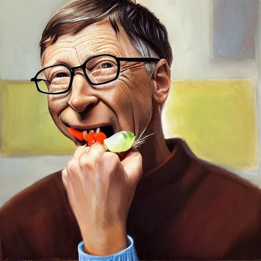Image similar to a ultra realistic oilpainting of Bill Gates eating worms and bugs, moody, Bill Gates sits at a table with a plate full of insects, 8k, horrible nasty,