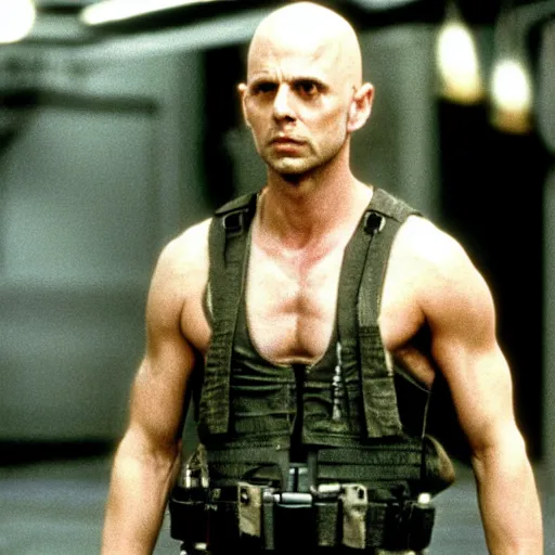 Prompt: bald Michael Biehn in Alien 3, carrying a pulse rifle, 1991 directed by David Fincher 4K