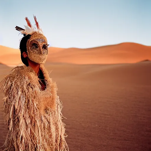 Prompt: a portrait photography of a woman wearing a mask made of bark and feathers, in a desert, golden hour, cinematic, Kodak Portra 800 film