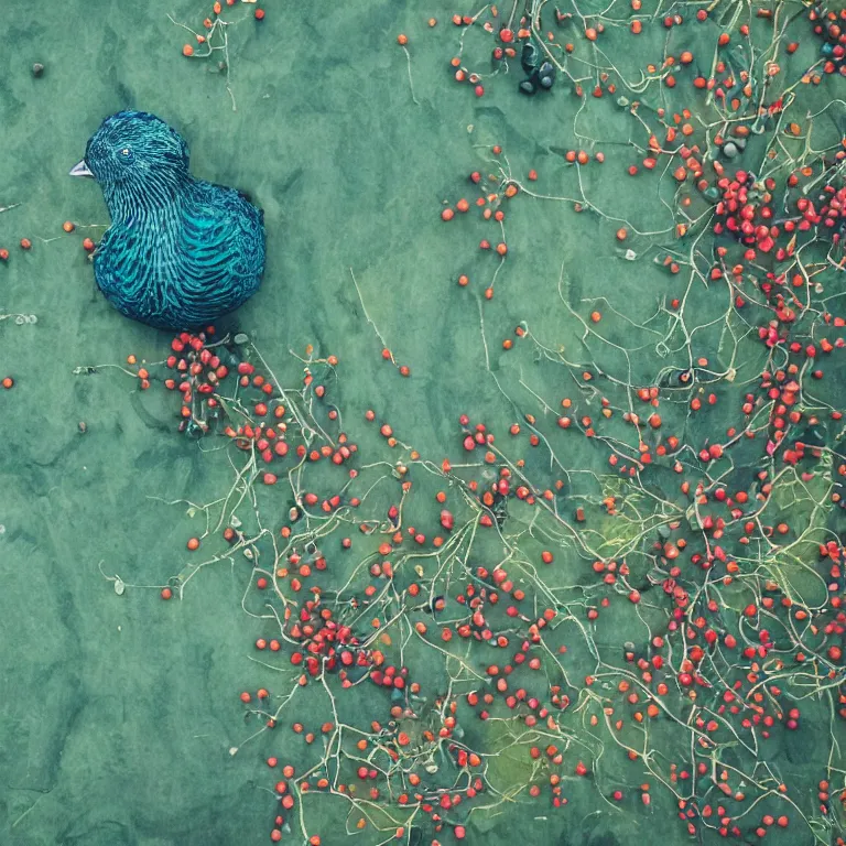 Image similar to human with the sea and the forest inside, veins diverge through the body like rivers filmed on a satellite, a person is decorated with wild berries, a beautiful bird is looking at him next, colorful picture