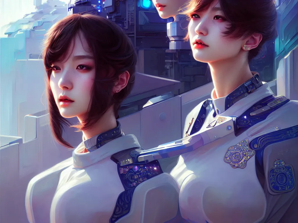 Image similar to portrait futuristic police uniform girl, at future neon light tokyo rooftop, ssci - fi and fantasy, intricate and very very beautiful and elegant, highly detailed, digital painting, artstation, concept art, smooth and sharp focus, illustration, art by tan zi and ayanamikodon and alphonse mucha and wlop