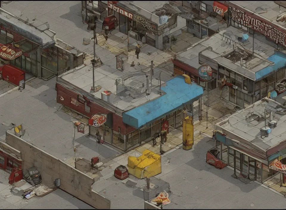 Image similar to Screenshot of the outside of an abandoned rusty McDonald restaurant in Fallout 2 (1998), isometric perspective, postapocalyptic, bird's eye view, prerendered isometric graphics, high quality