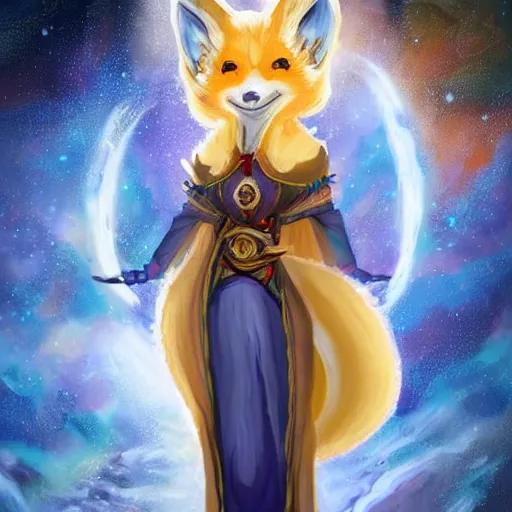 Prompt: a painted avatar portrait of an awesome cosmic powerful anthropomorphic kitsune fox mage themed around life and death and the stars and the cosmos and dressed in elegant elven mage robes, in the style of dnd beyond avatar portraits, beautiful, artistic, elegant, lens flare, magical, lens flare, nature, realism, stylized, art by jeff easley