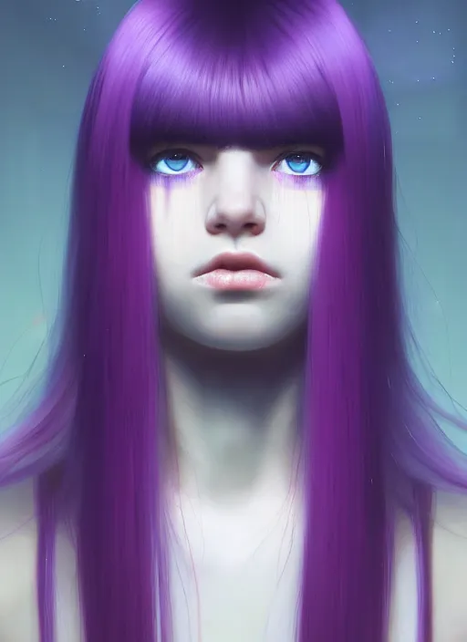 Image similar to hair whitebangs hair, black hair, whitebangs, portrait of teenage girl with white bangs, red irises, purple clothes, white bangs, bangs are different color from hair, intricate, elegant, glowing lights, highly detailed, digital painting, artstation, concept art, smooth, sharp focus, illustration, art by wlop, mars ravelo and greg rutkowski