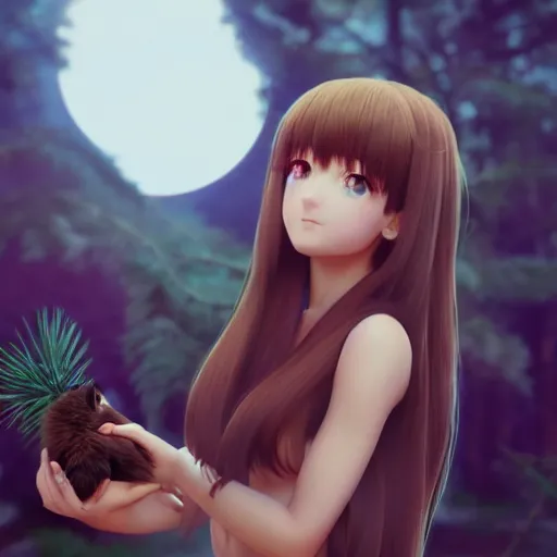 Prompt: Render of a beautiful realistic anime girl holding a pine marten, 4k, CGsociety, golden hour, trending on artstation, octane render, composition