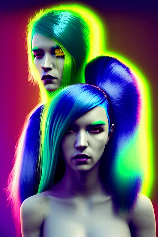 Image similar to 3 gorgeous young females with perfect skin made from smooth black silk, glowing neon energized blue hair, green hair, and yellow hair, conceptual character design, unreal engine 5, hyper - realistic, full body shot, wide angle, sharp focus, 8 k high definition, award - winning cgi realism, by kilian eng artstation