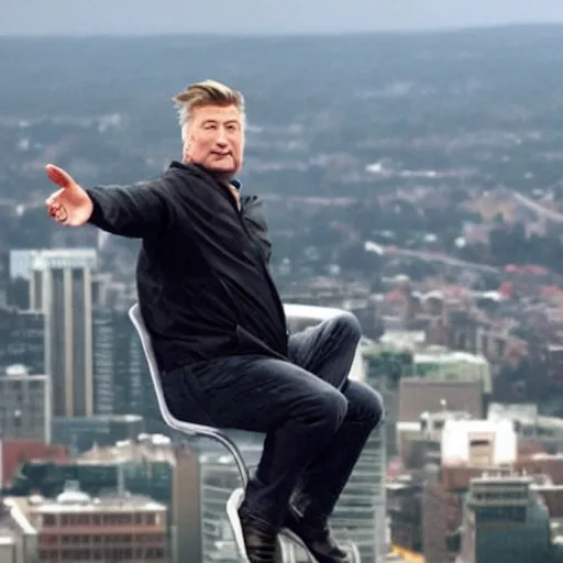 Image similar to alec baldwin sits on a back of giant eagle, flying high in a sky, photo