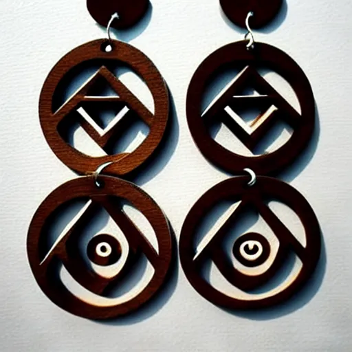 Image similar to 2 d wood lasercut earrings, mystical symbols, 8 k, hd, trending on amazon on artstation, trending on deviantart, trending on etsy, epic digital art