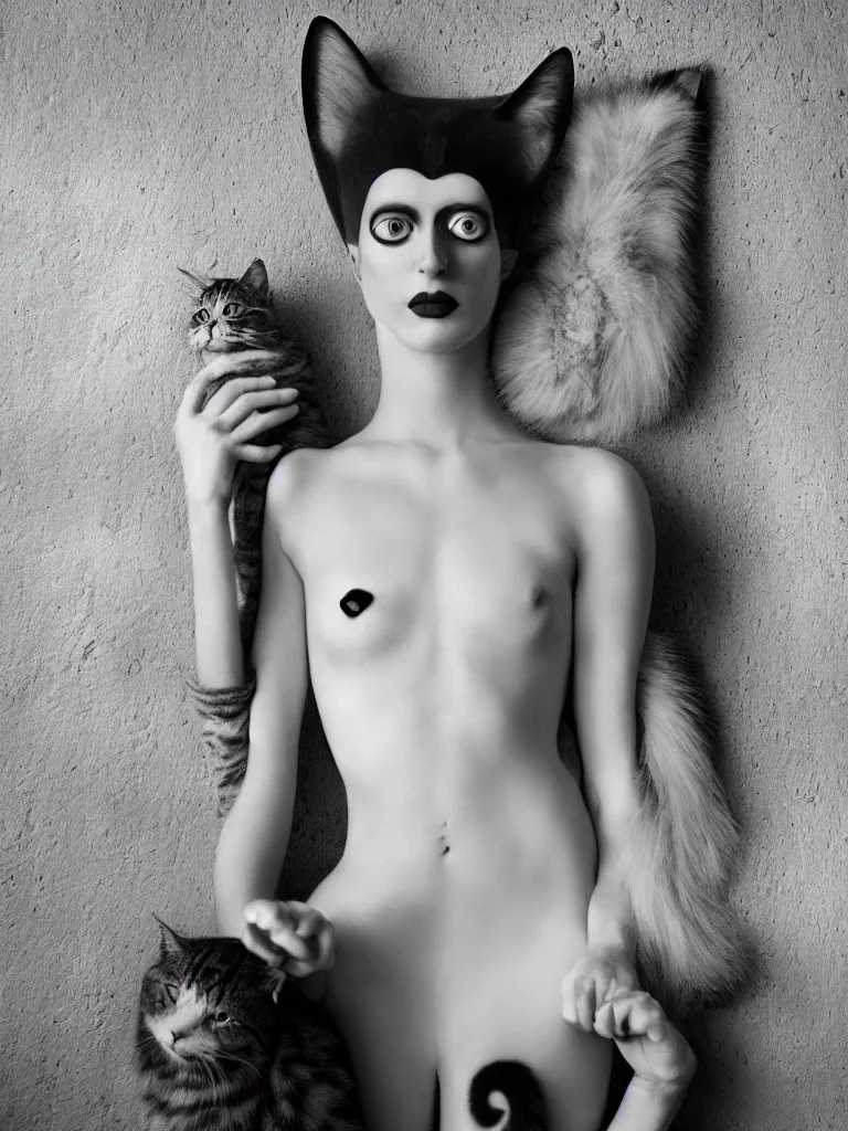 Image similar to old monochrom photography of a beautiful cat automato in a victorian decor, man ray, alfred ghisoland, gregory crewdson, miss aniela, erwin olaf, 4 k,