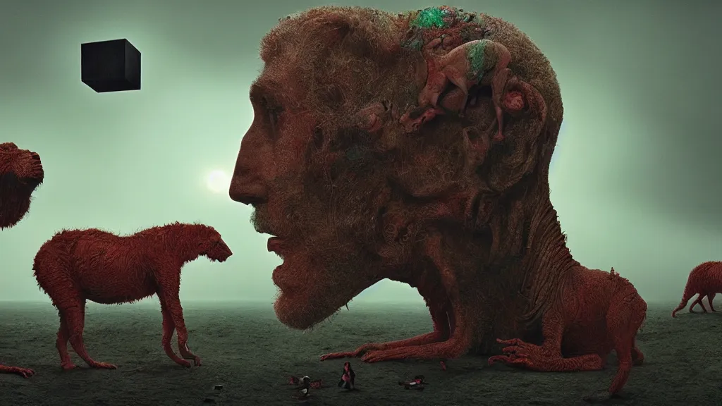 Image similar to hypercube four dimensional man, surrounded by animals, film still from the movie directed by denis villeneuve and david cronenberg with art direction by salvador dali and zdzisław beksinski, wide lens