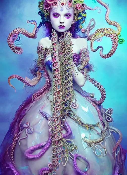 Image similar to A full body shot of a cute and mischievous monster princess made of tentacles wearing an ornate ball gown covered in jewels. Fancy Dress. Subsurface Scattering. Translucent Skin. Rainbow palette. rainbowcore. Eldritch Beauty. defined facial features, symmetrical facial features. Opalescent surface. beautiful lighting. By Giger and Ruan Jia and Artgerm and WLOP and William-Adolphe Bouguereau. Photo real. Hyper-real. Photorealism. Fantasy Illustration. Sailor Moon hair. Masterpiece. trending on artstation, featured on pixiv, award winning, cinematic composition, dramatic pose, sharp, details, Hyper-detailed, HD, HDR, 4K, 8K.