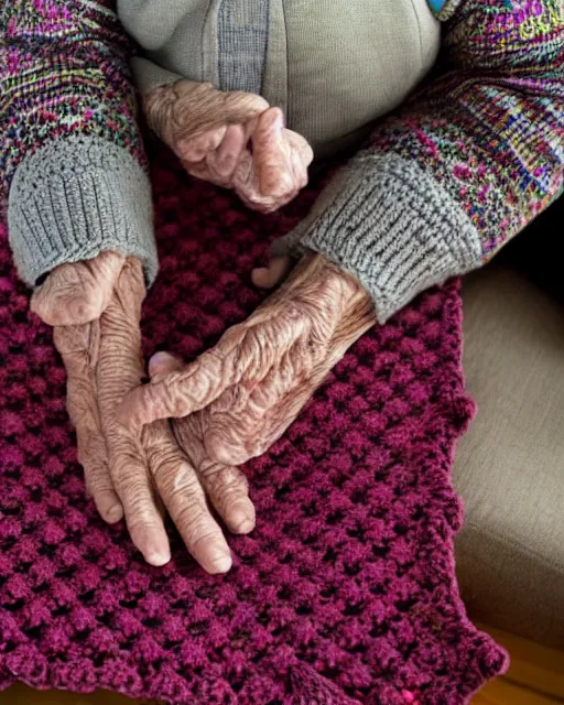 Image similar to a beautiful photograph of an elderly woman’s four hands as she’s crochets an Afghan, her four hands are highly realistic and accurate