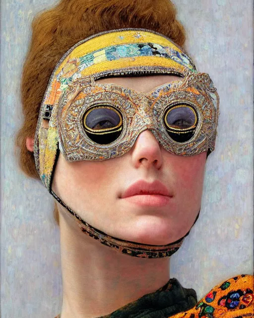 Prompt: a close up of beautiful model wearing a balaclava and sunglasses surrounded by colourful intricate patterns, by gustave klimt and edgar maxence and caravaggio and michael whelan, intricate painting, hyper realistic, extremely detailed and beautiful aesthetic face, 8 k resolution