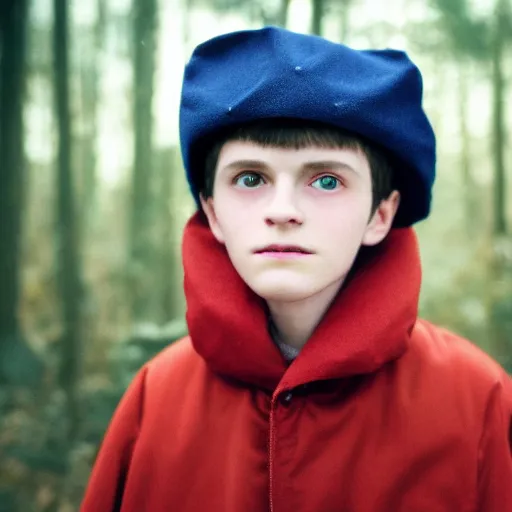 Image similar to super close up portrait of wirt from over the garden wall. a 1 6 years old gloomy awkward boy with big brown eyes and shaggy brown hair wearing a red dunce hat and a blue navy cape, standing in the forest, kodachrome photograph, 1 9 9 5, 4 k, canon, flash photography