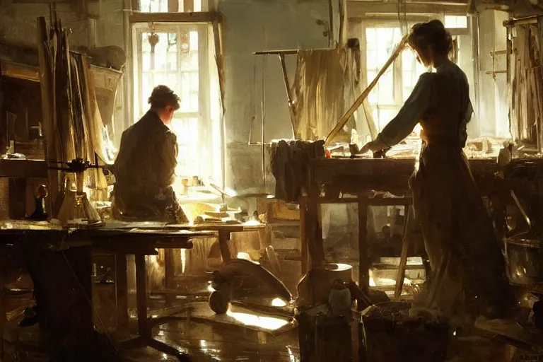 Prompt: oil painting of weaver working on a beautiful piece of fabric in their workshop, art by anders zorn, wonderful masterpiece by greg rutkowski, beautiful cinematic light, american romanticism by greg manchess, jessica rossier and norman rockwell