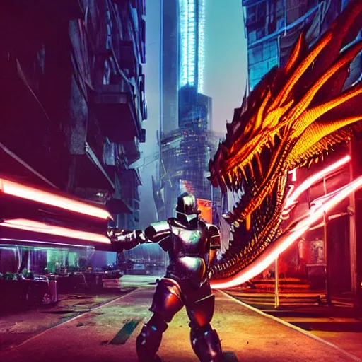 Image similar to futuristic knight fighting off a giant dragon in the middle of a cyberpunk neon city, wide - angle, photographed on colour expired film, detailed photograph