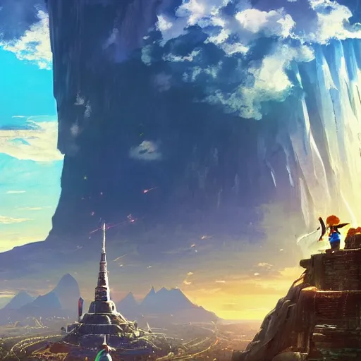 Prompt: Tower of Babel, A mighty city and a tower with its top in the heavens, Atmosphere, Dramatic lighting, Epic composition, Close up, Wide angle, Low angle, by Miyazaki, Nausicaa Ghibli, Breath of The Wild,